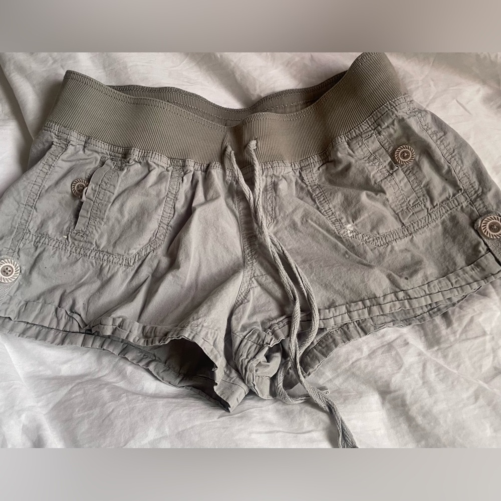 Vintage Almost Famous Sage Green Cargo Shorts + White Distressed Short Shorts